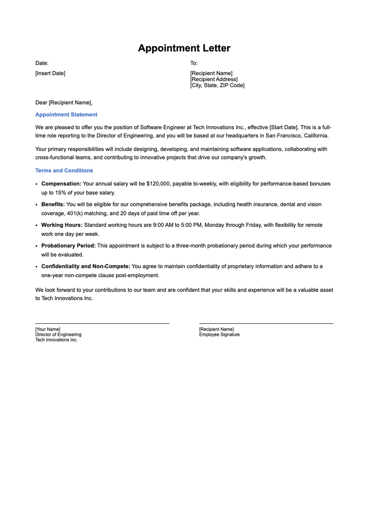 Formal letter of appointment template with salary probationary period and leave policy details_variant_1